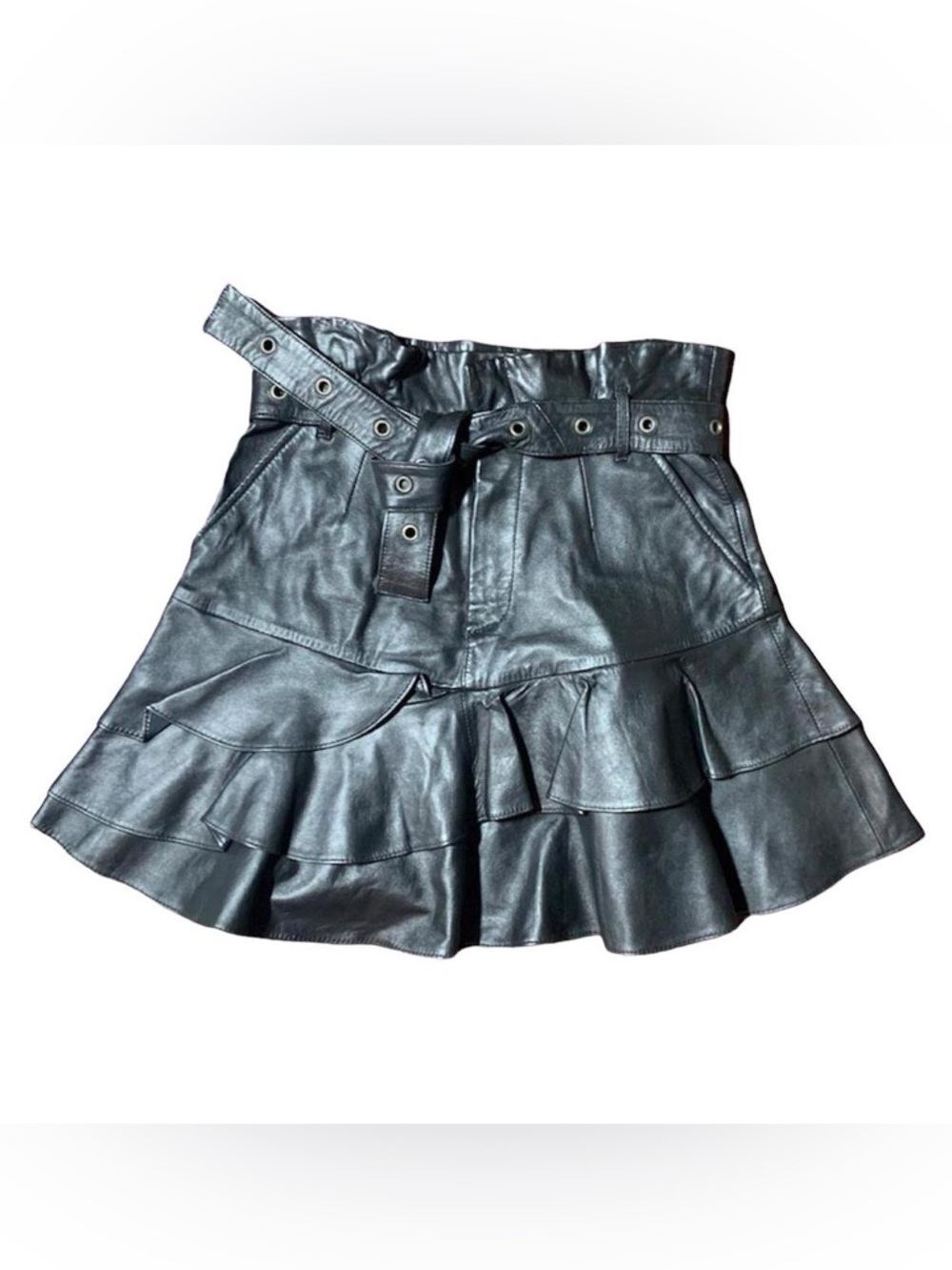 Women’s Black Leather Ruffle Mini Skirt with Belt